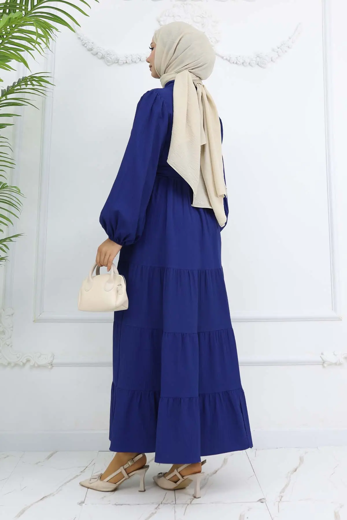 Taşlı Düğmeli Hakim Yaka Tesettür Elbise Lacivert 2268-detail