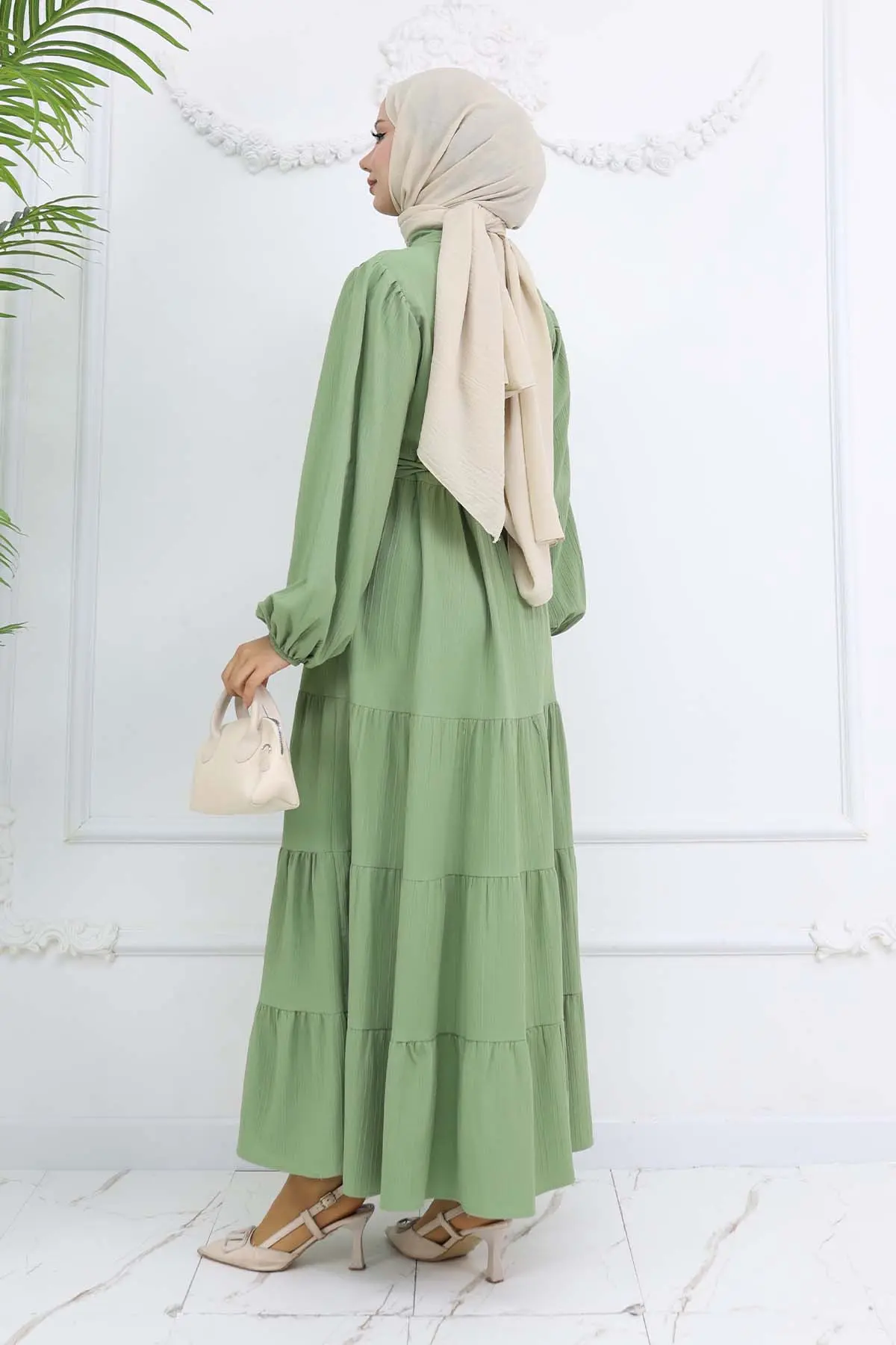 Taşlı Düğmeli Hakim Yaka Tesettür Elbise Yeşil 2268-detail