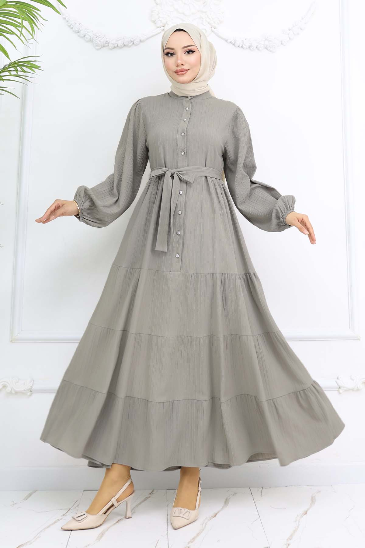 Stoned Buttoned Judge Collar Hijab Dress