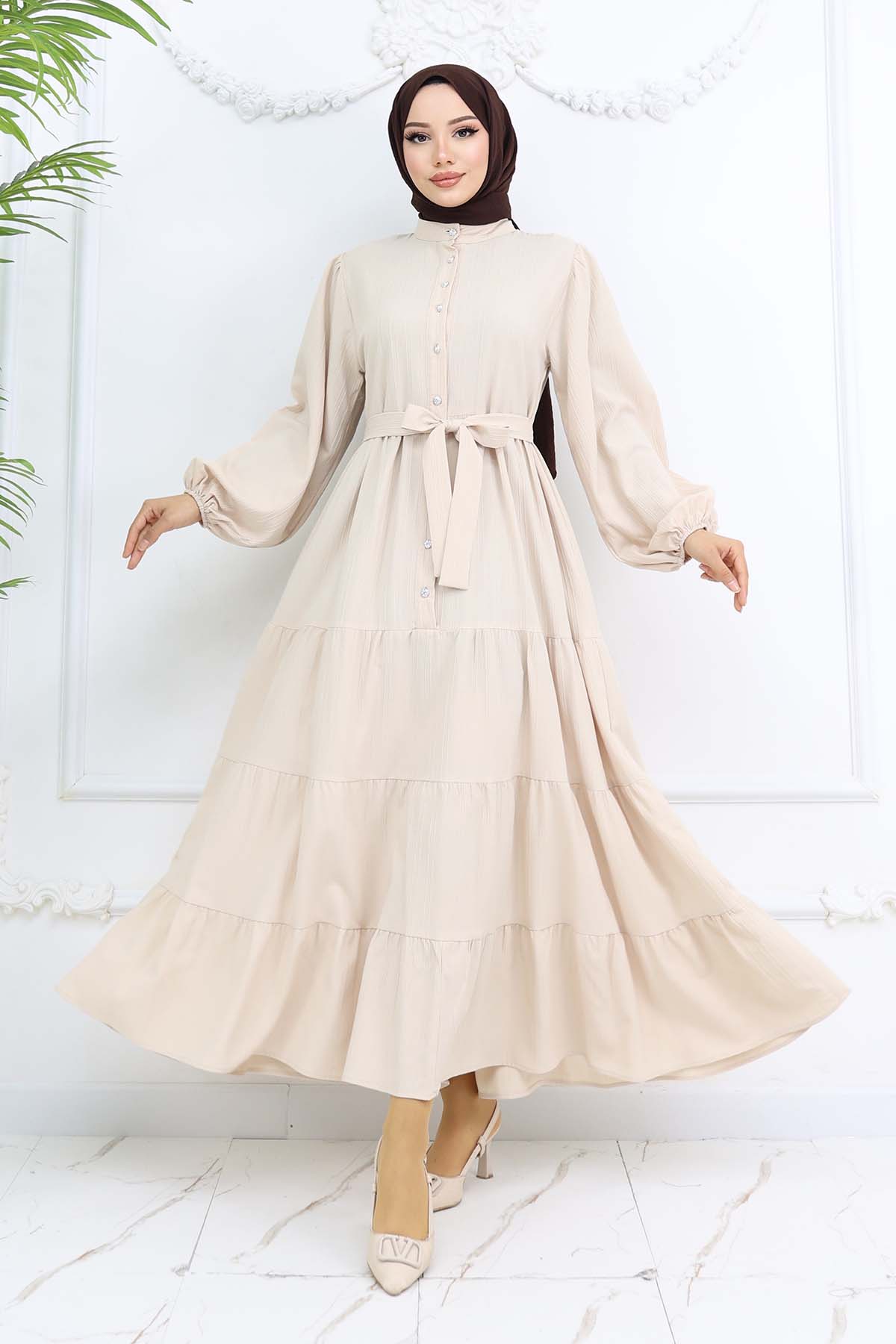 Taşlı Düğmeli Hakim Yaka Tesettür Elbise Taş Rengi 2268