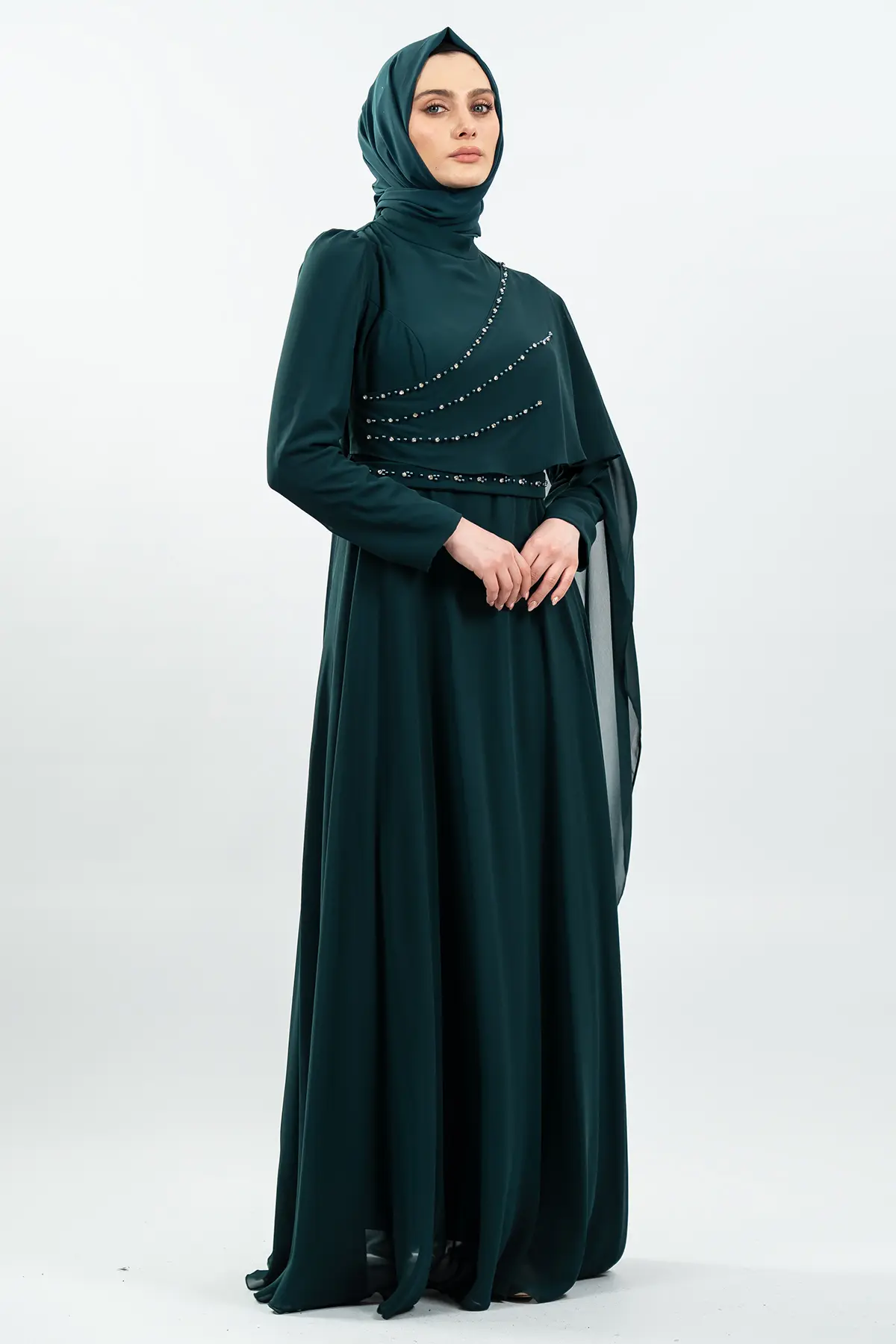 Taşlı Haki Tesettür Abiye-detail