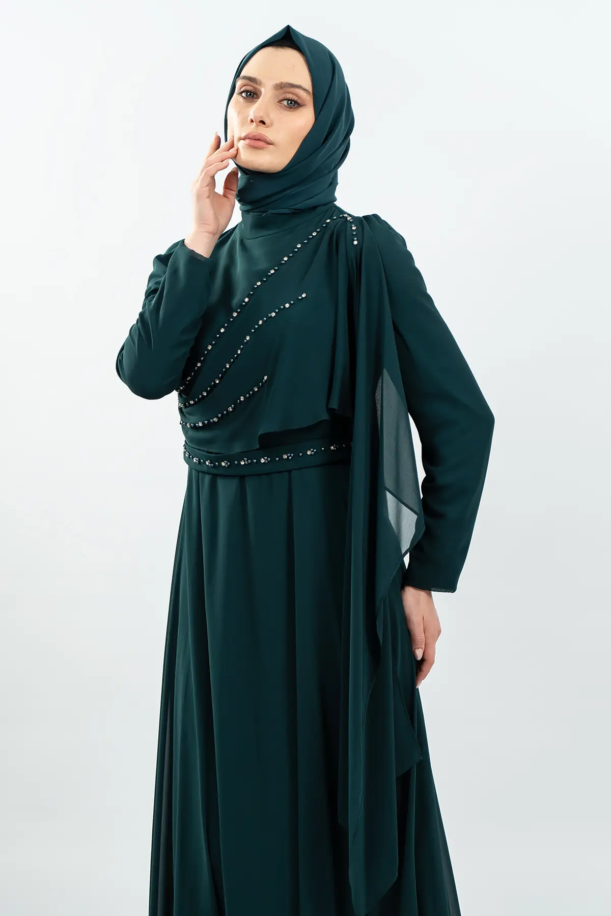 Taşlı Haki Tesettür Abiye-detail