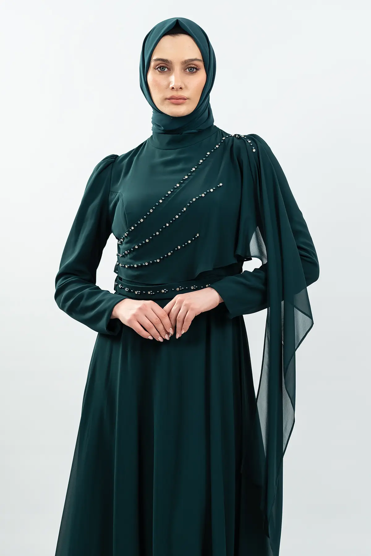 Taşlı Haki Tesettür Abiye-detail