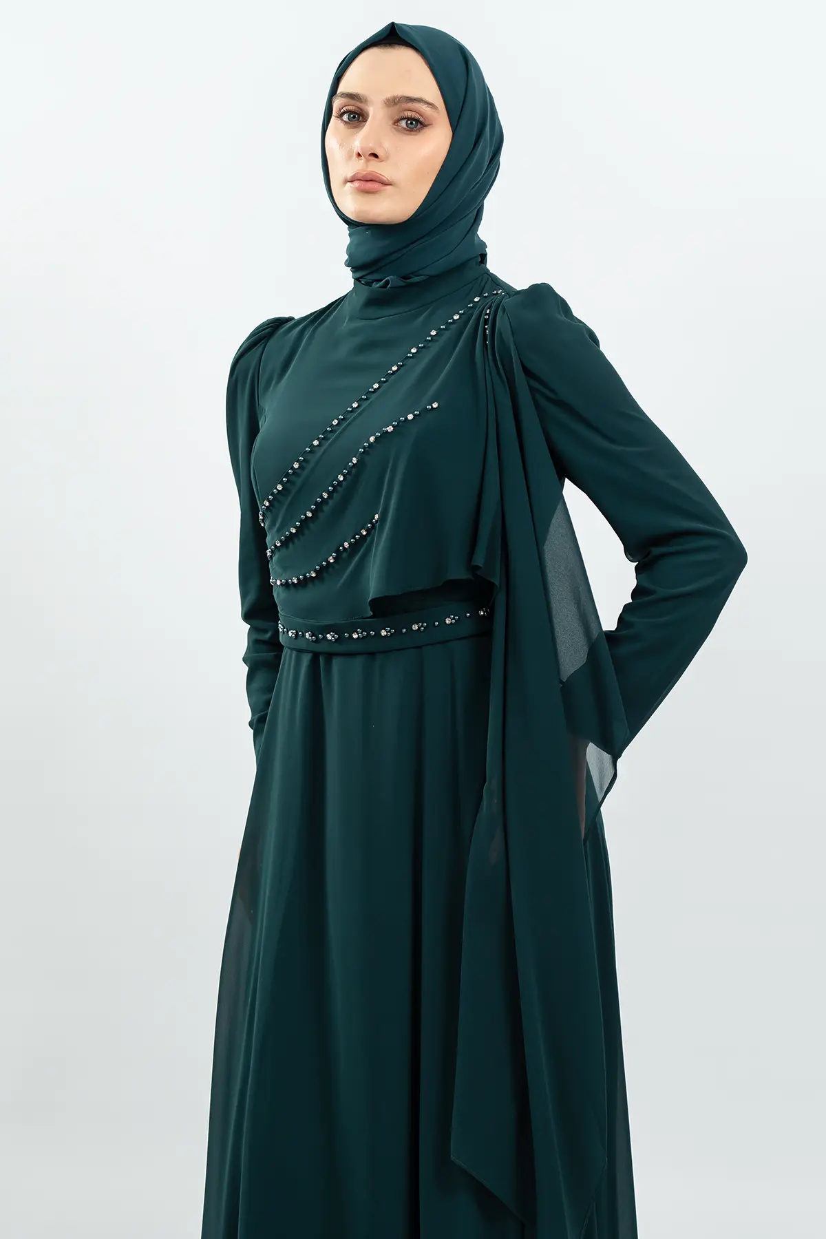 Taşlı Haki Tesettür Abiye-detail