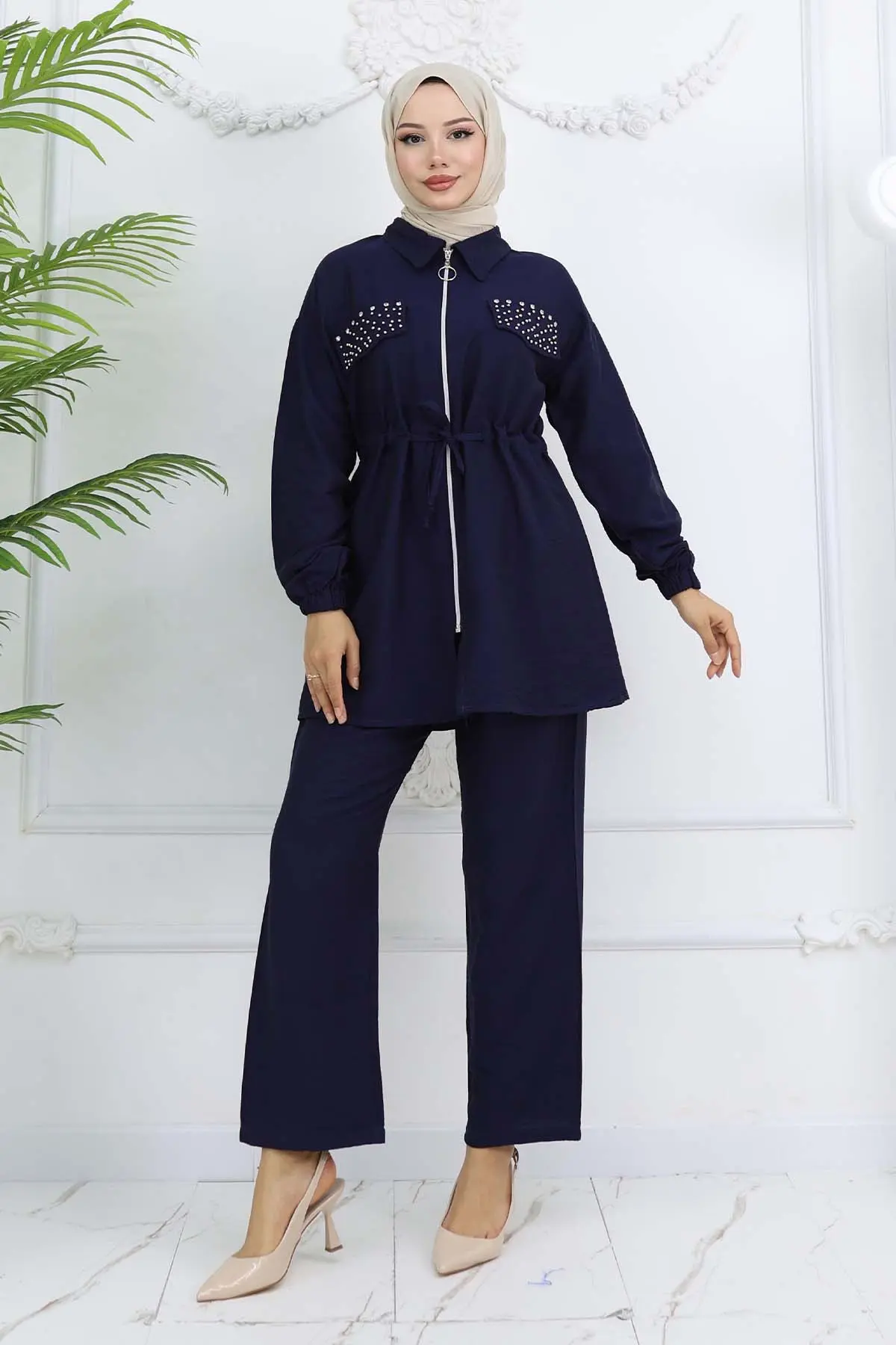 Taşlı Keten Airobin Takım Lacivert 4766-detail