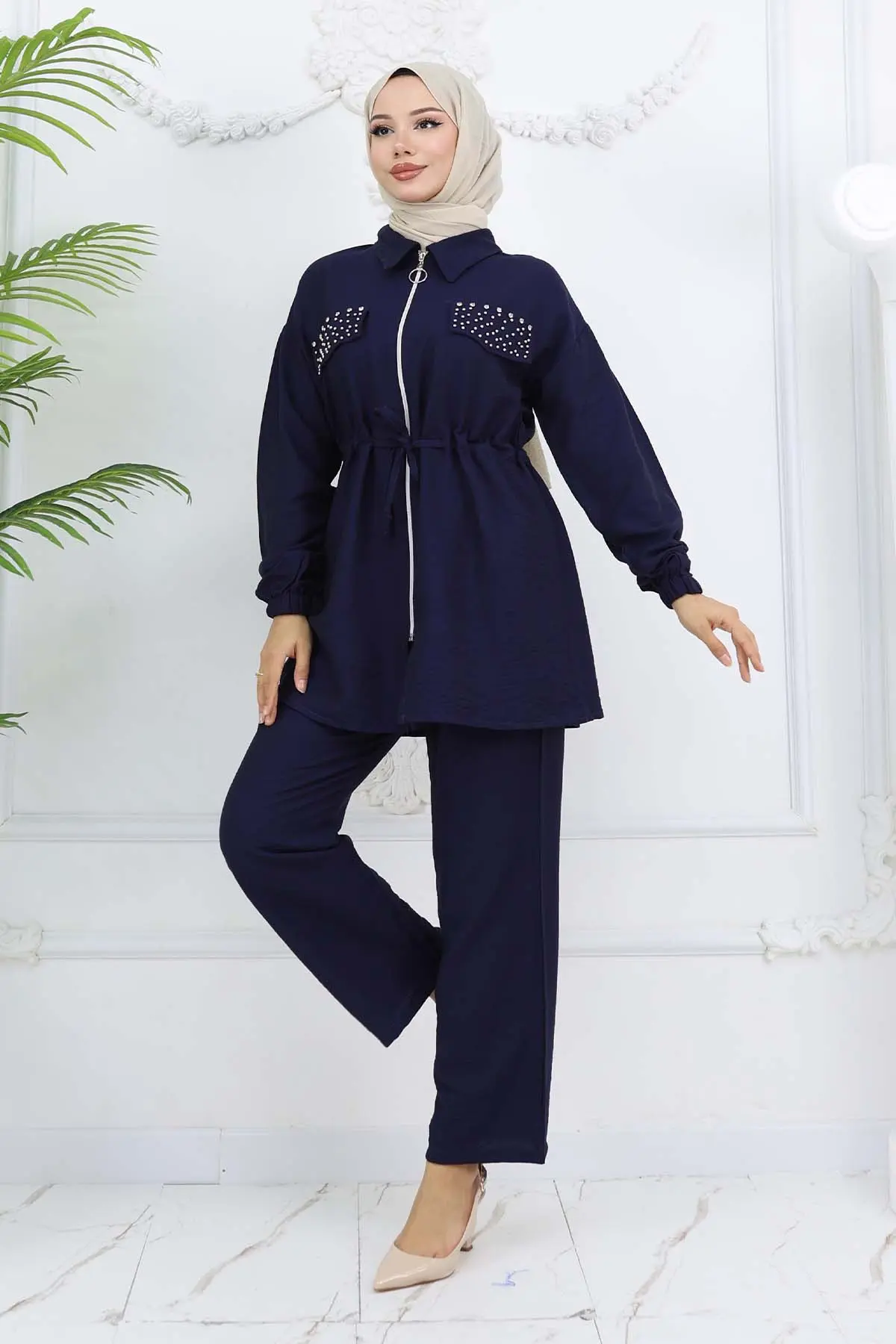Taşlı Keten Airobin Takım Lacivert 4766-detail
