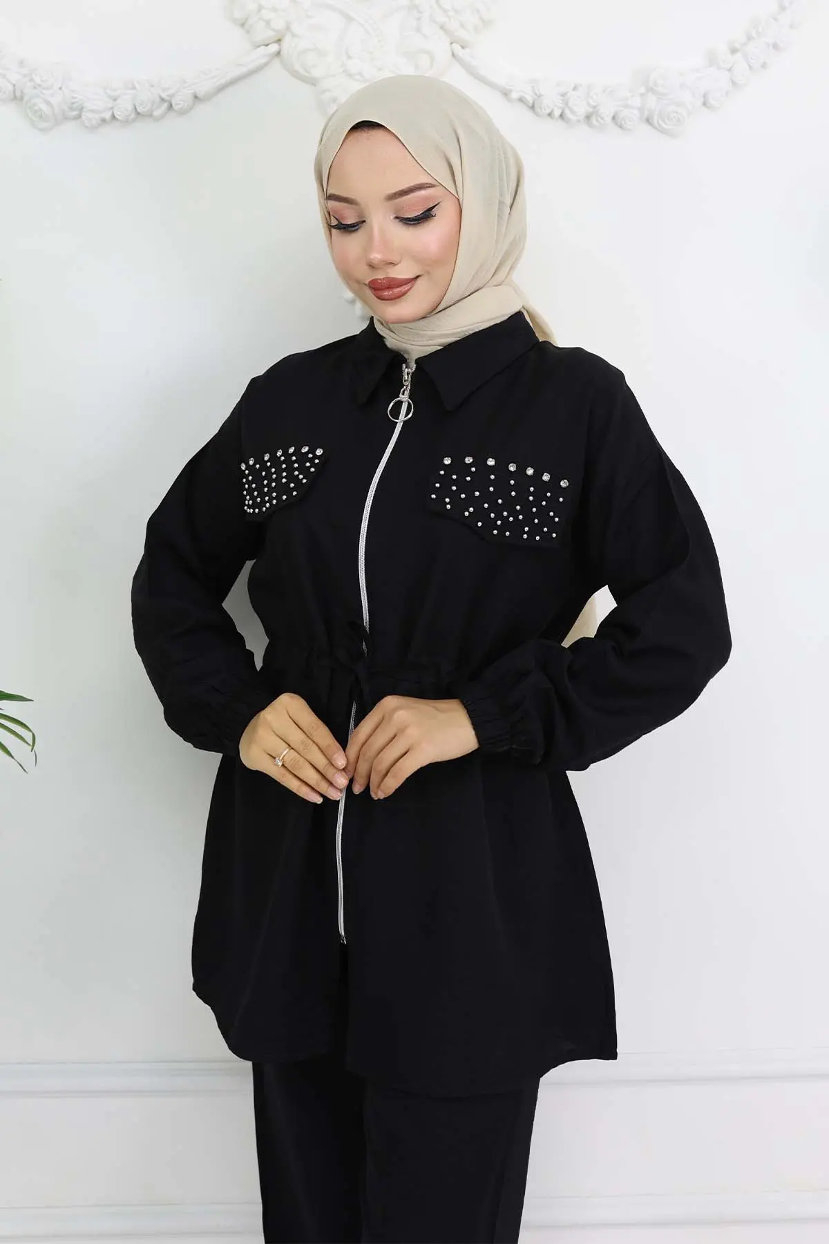 Taşlı Keten Airobin Takım Siyah 4766-detail