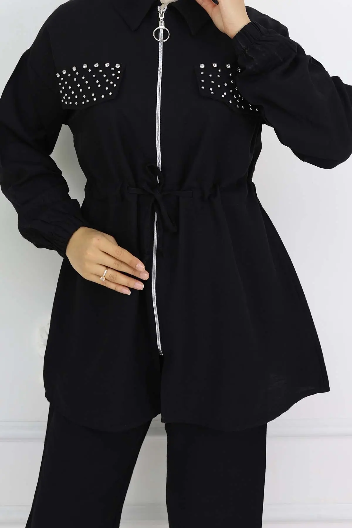 Taşlı Keten Airobin Takım Siyah 4766-detail