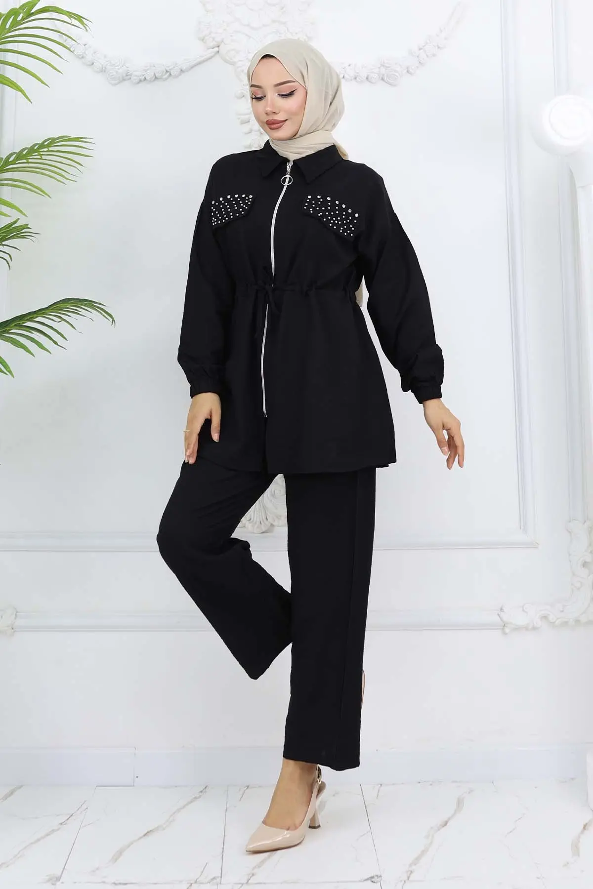 Taşlı Keten Airobin Takım Siyah 4766-detail