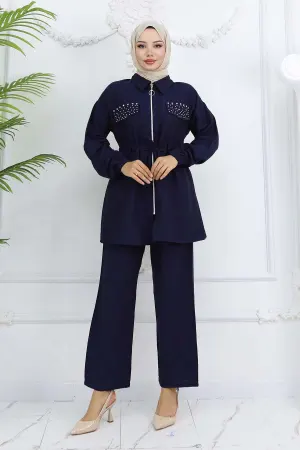 Taşlı Keten Airobin Takım Lacivert 4766