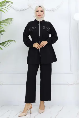 Taşlı Keten Airobin Takım Siyah 4766