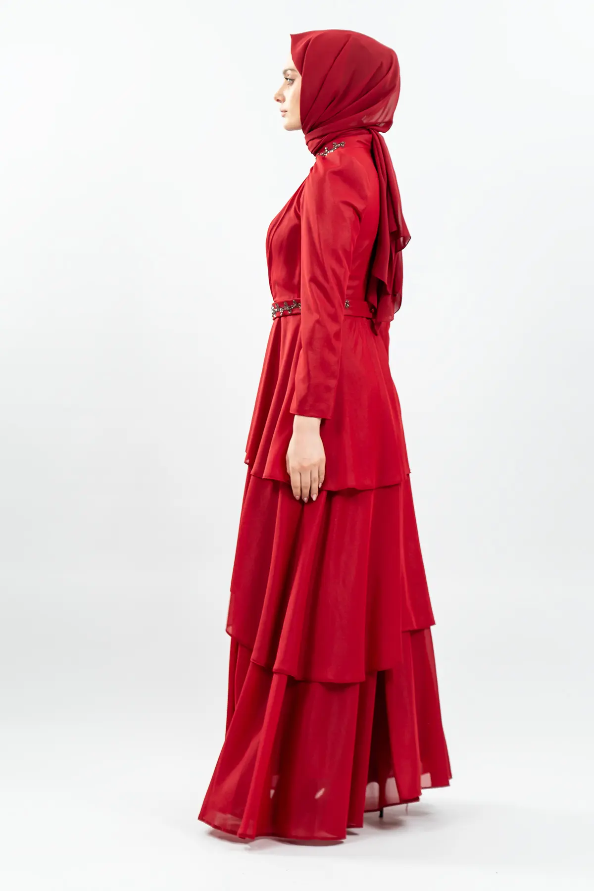 Taşlı Kırmızı Tesettür Abiye-detail