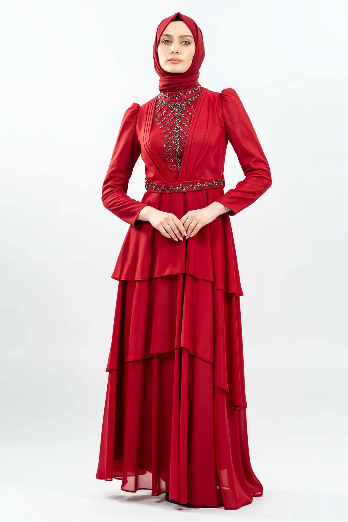 Taşlı Kırmızı Tesettür Abiye-detail