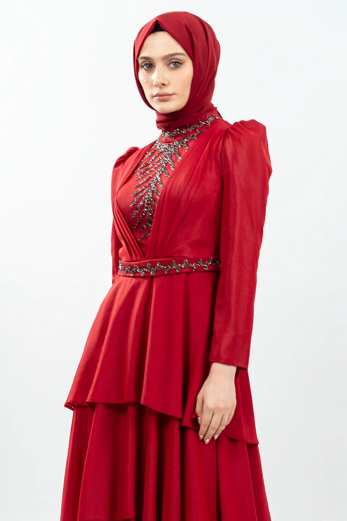 Taşlı Kırmızı Tesettür Abiye-detail