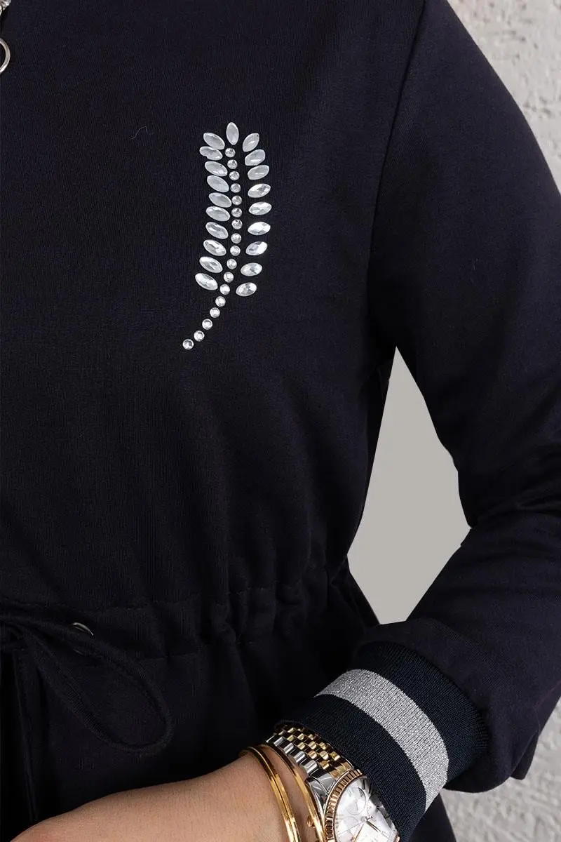 Taşlı Ribana Detaylı Ferace Lacivert-detail