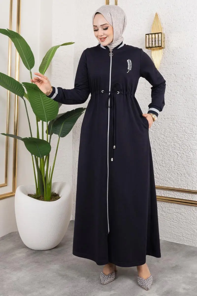 Taşlı Ribana Detaylı Ferace Lacivert-detail