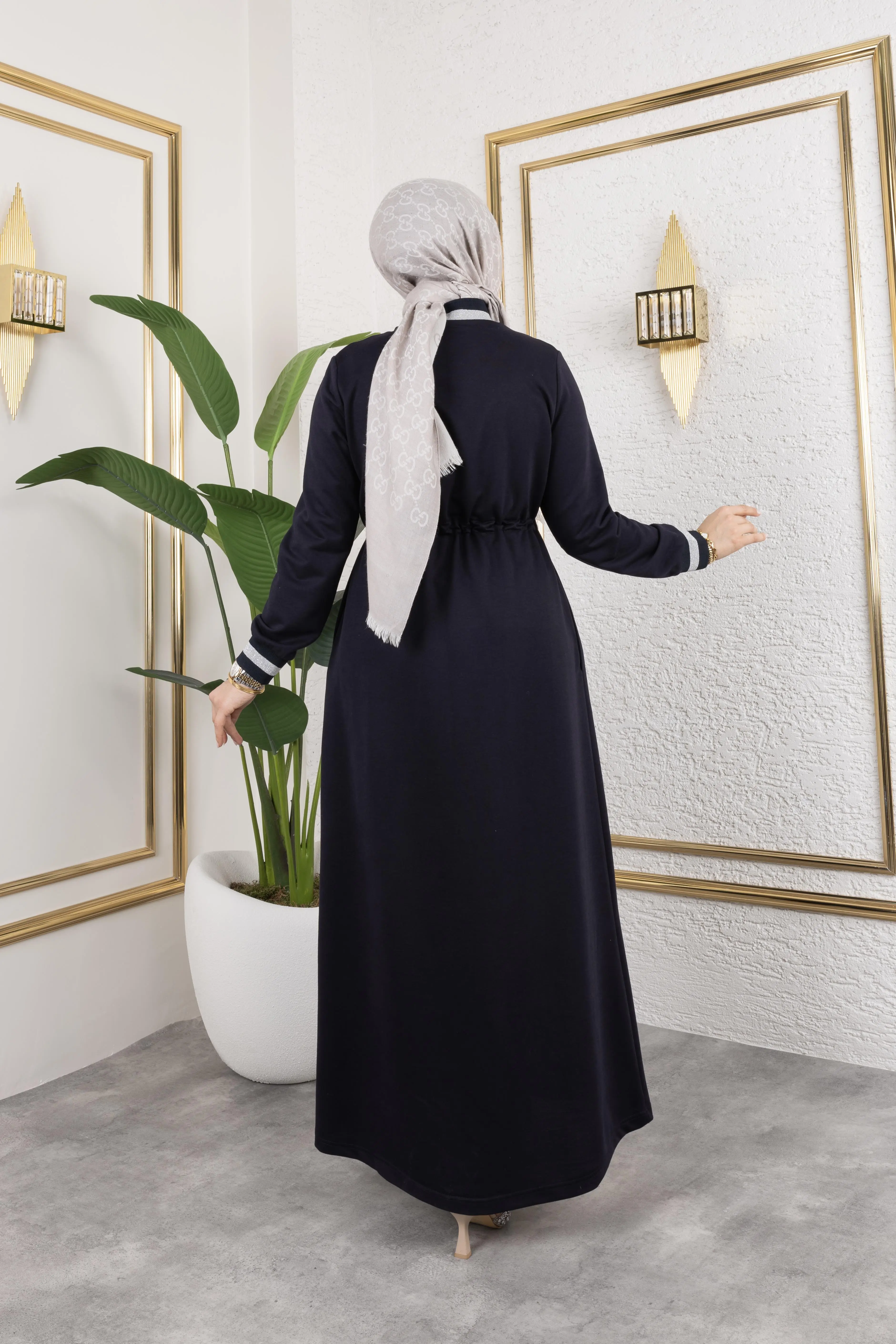 Taşlı Ribana Detaylı Ferace Lacivert-detail