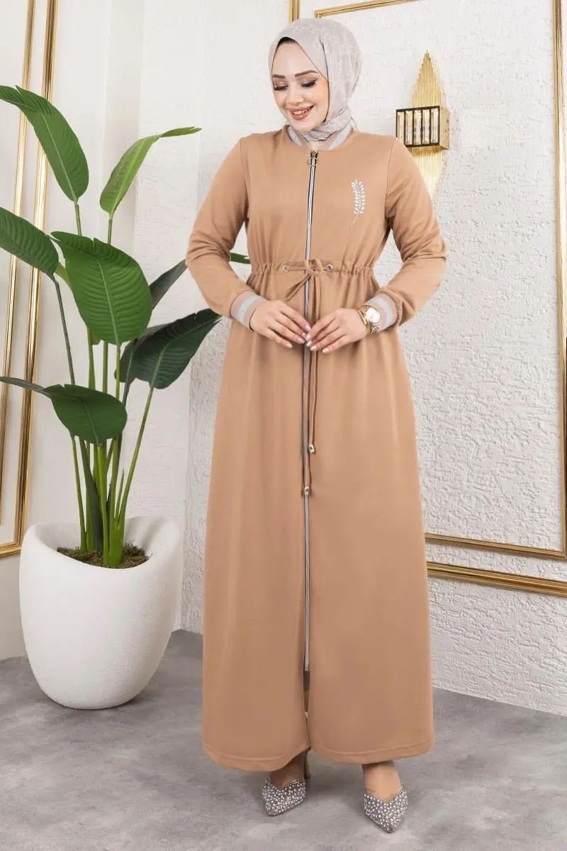 Taşlı Ribana Detaylı Ferace Latte-detail