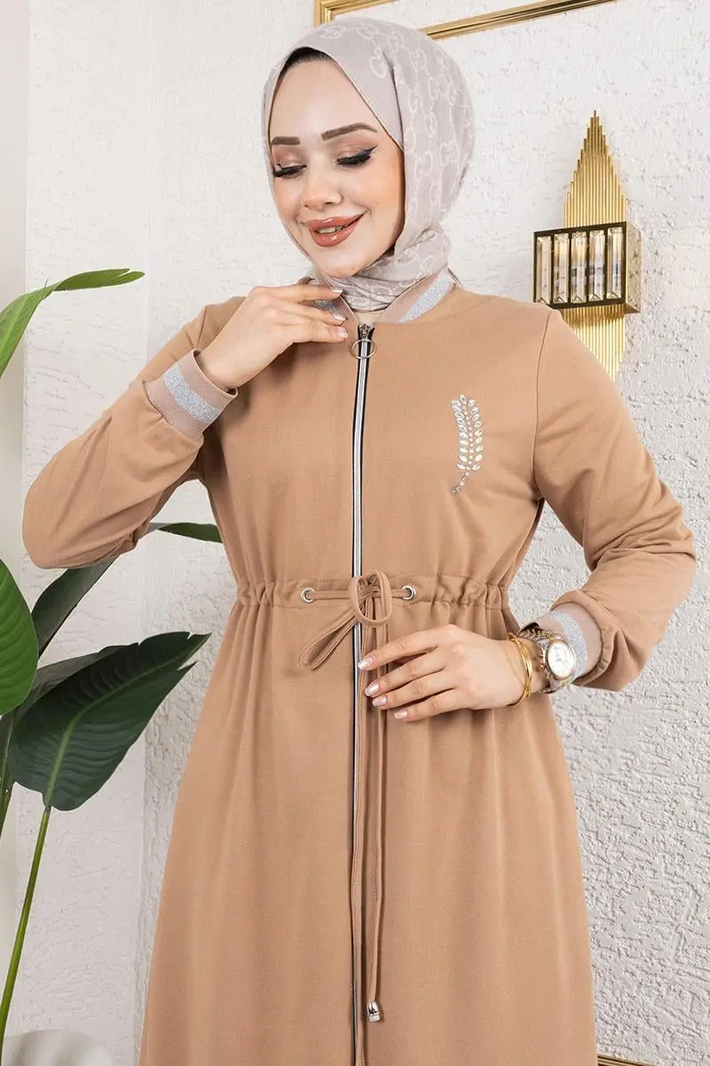 Taşlı Ribana Detaylı Ferace Latte-detail