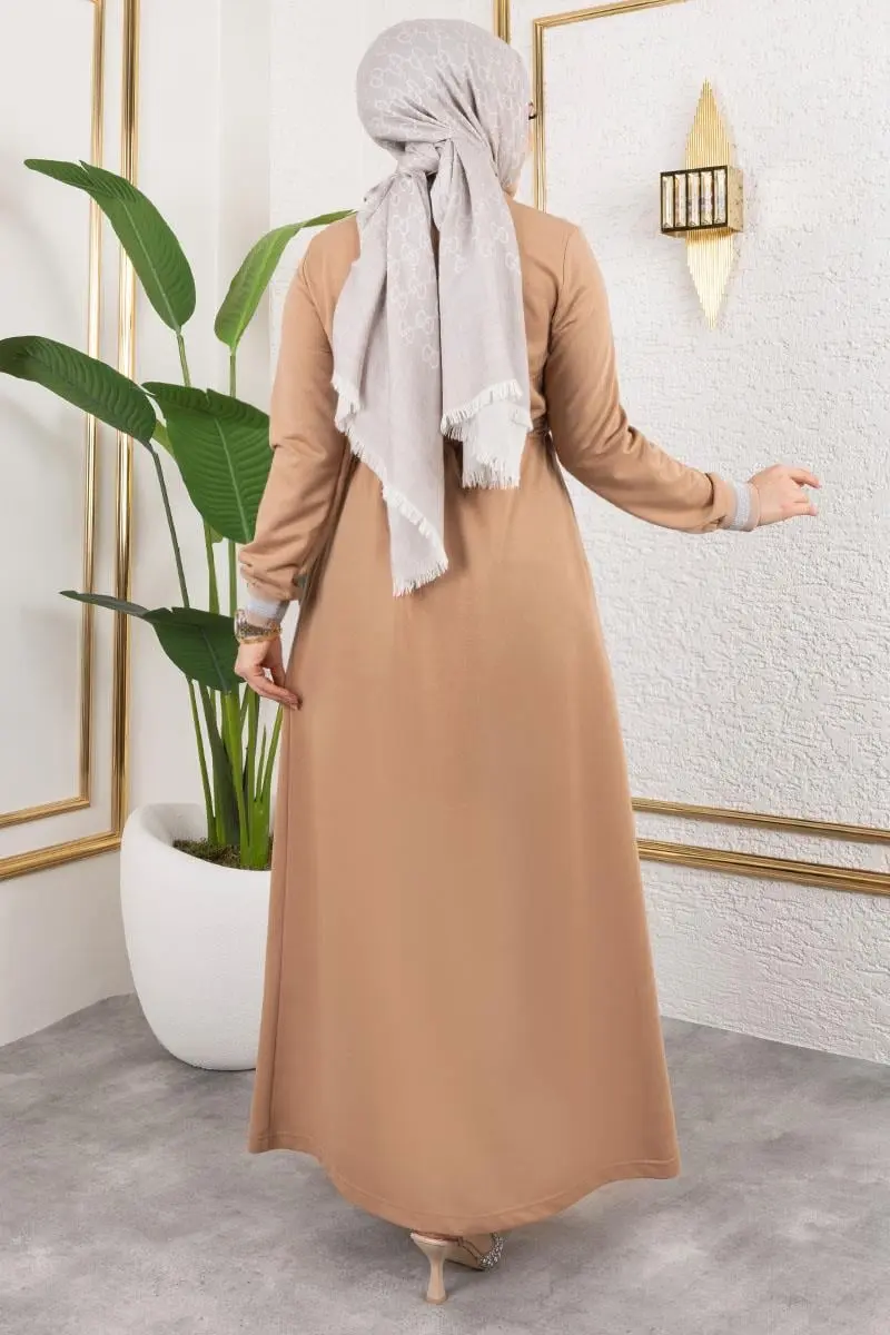 Taşlı Ribana Detaylı Ferace Latte-detail