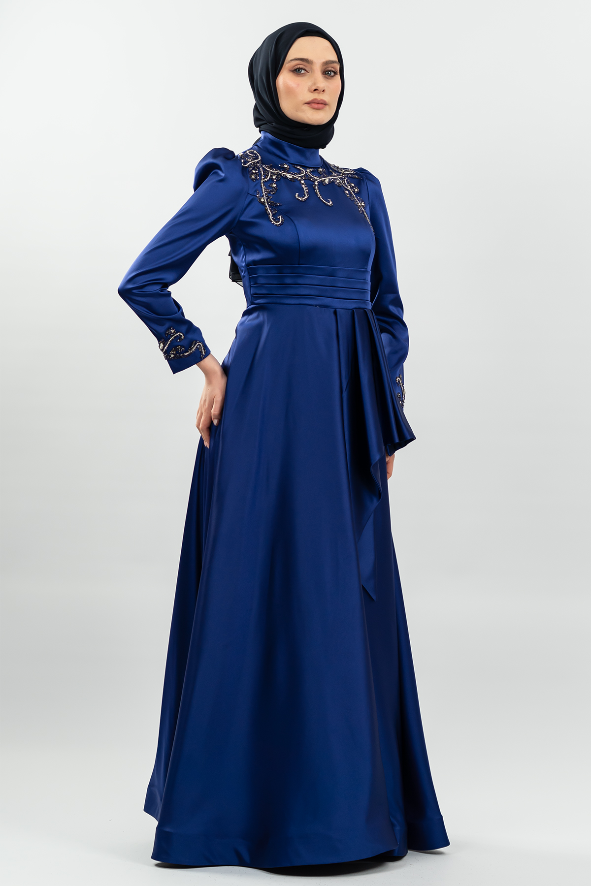 Taşlı Saks Tesettür Abiye