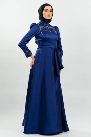 Taşlı Saks Tesettür Abiye