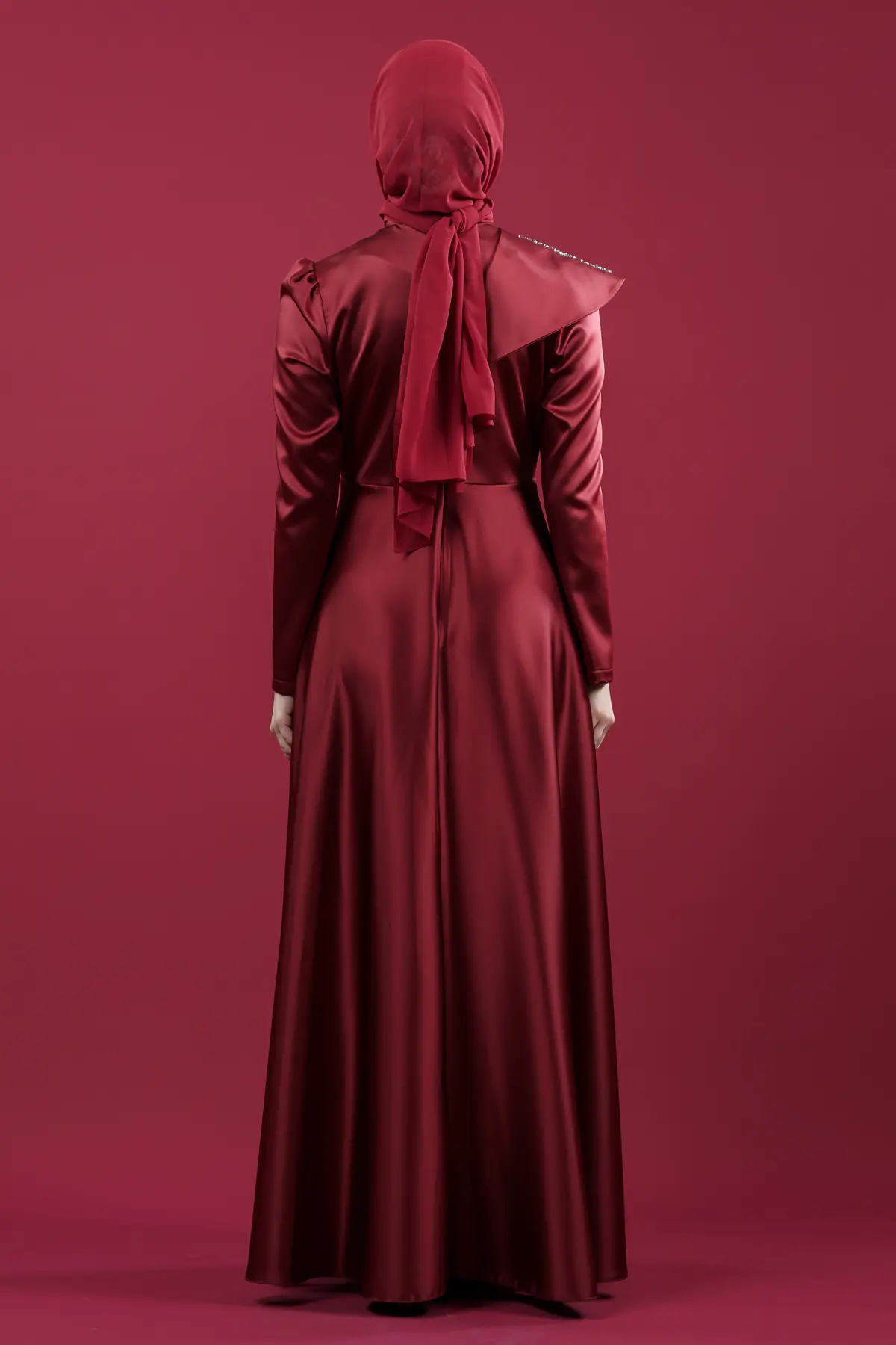 Taşlı Saten Bordo Abiye Elbise-detail