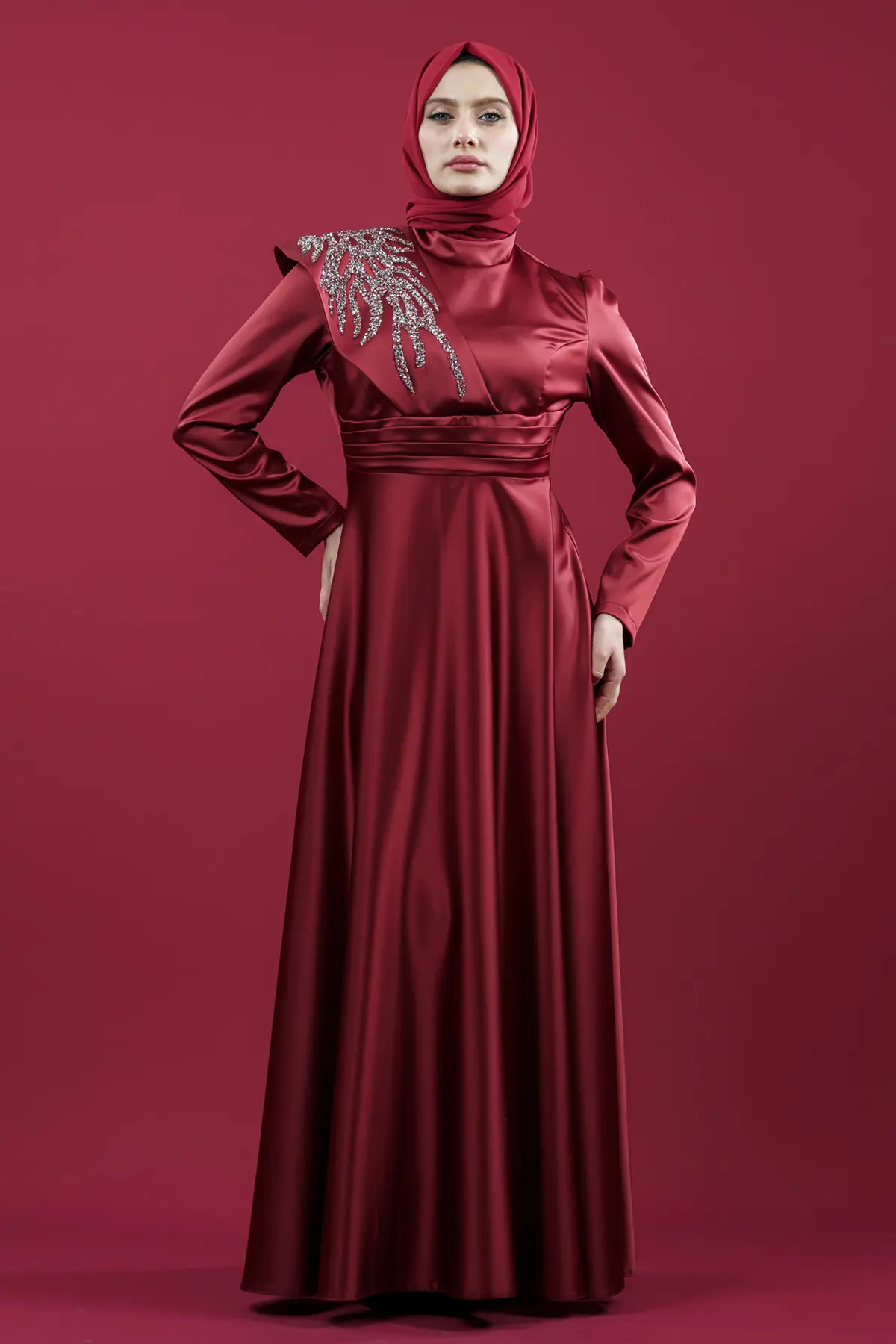 Taşlı Saten Bordo Abiye Elbise-detail