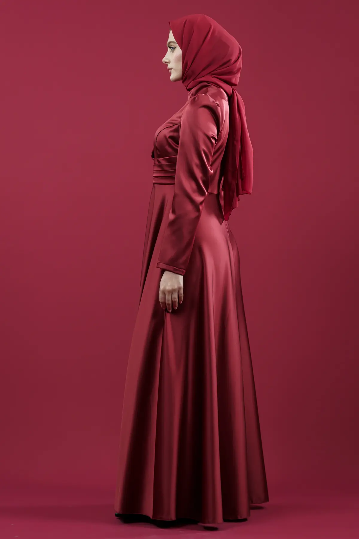 Taşlı Saten Bordo Abiye Elbise-detail