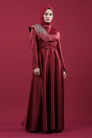 Taşlı Saten Bordo Abiye Elbise