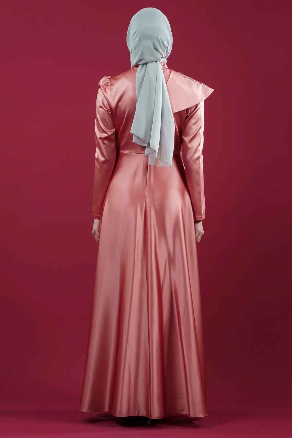 Taşlı Saten Somon Abiye Elbise-detail