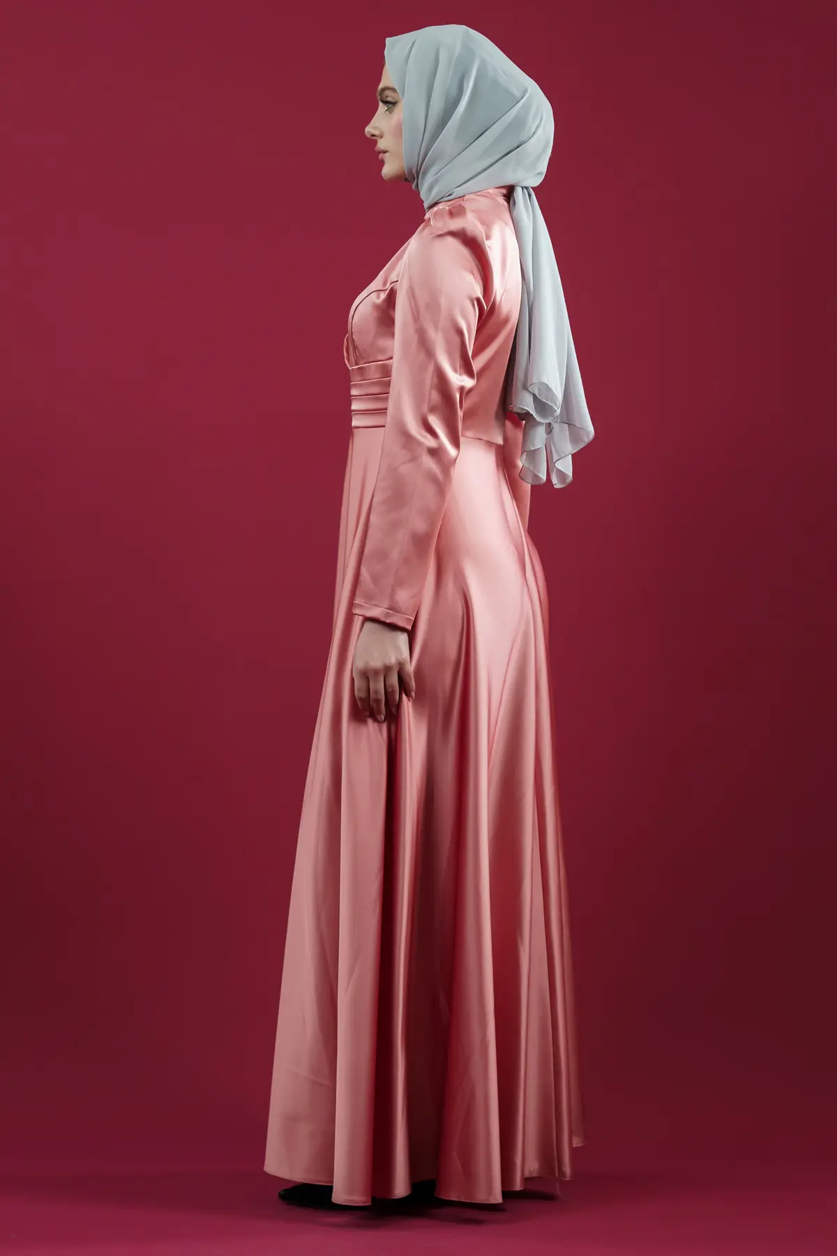 Taşlı Saten Somon Abiye Elbise-detail