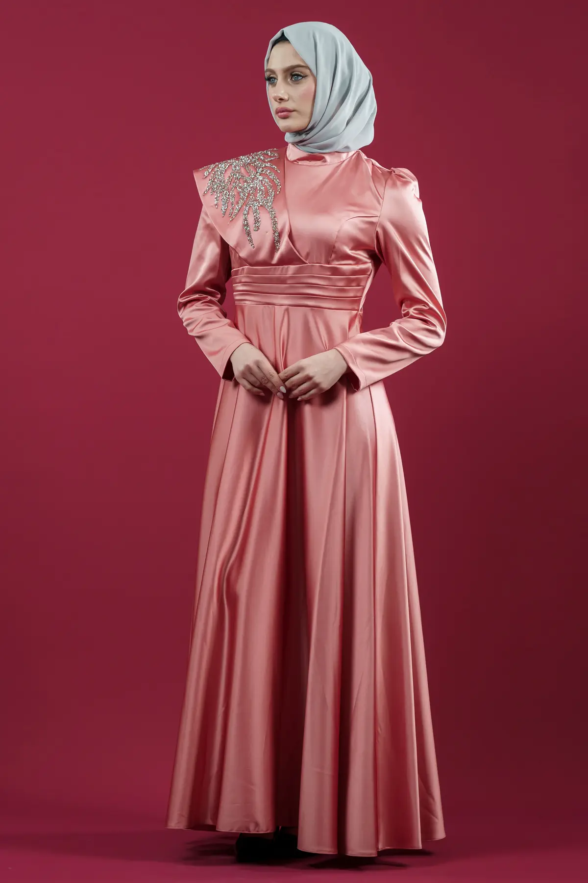 Taşlı Saten Somon Abiye Elbise-detail