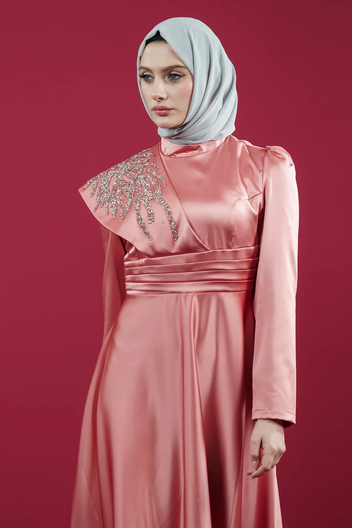 Taşlı Saten Somon Abiye Elbise-detail