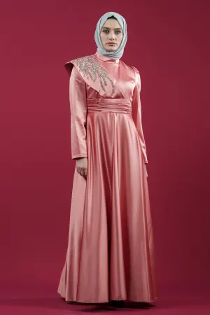 Taşlı Saten Somon Abiye Elbise