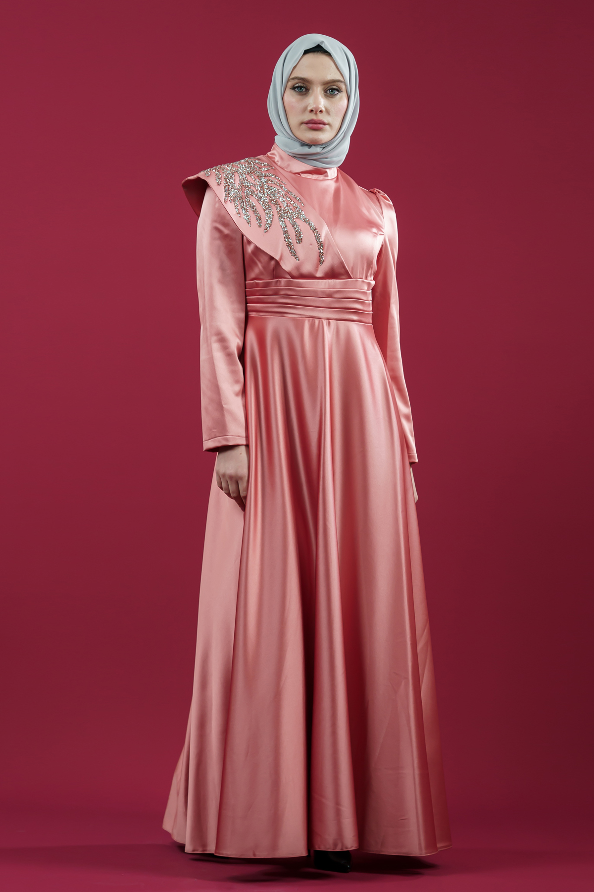 Taşlı Saten Somon Abiye Elbise