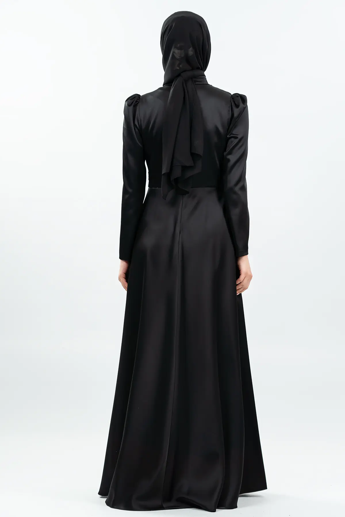 Taşlı Siyah Saten Tesettür Abiye-detail