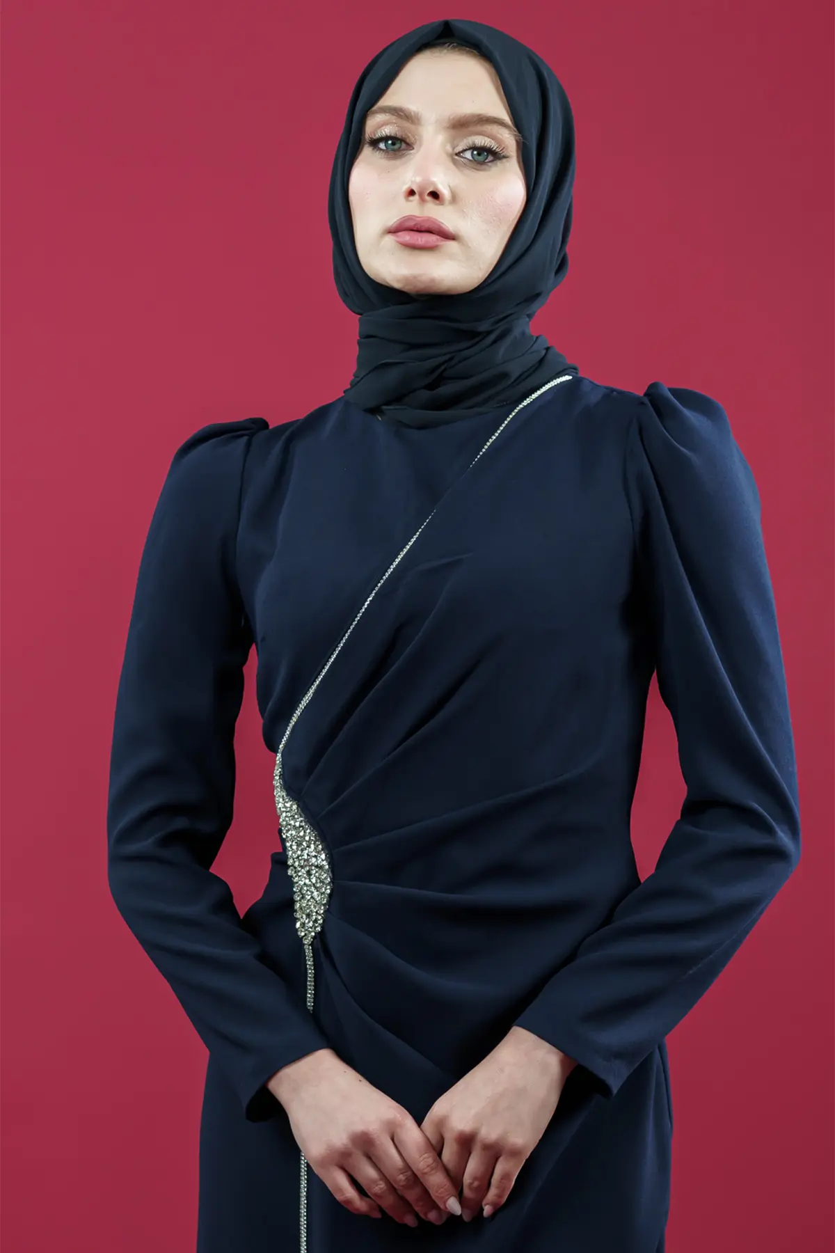 Hijab Evening Dress With Side Strip Stone Detail-detail
