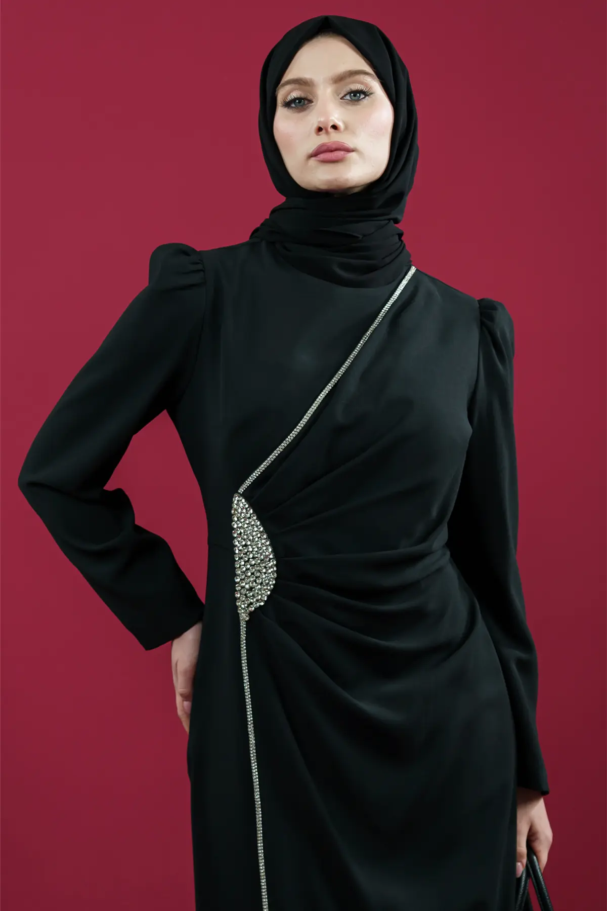 Hijab Evening Dress With Side Strip Stone Detail-detail