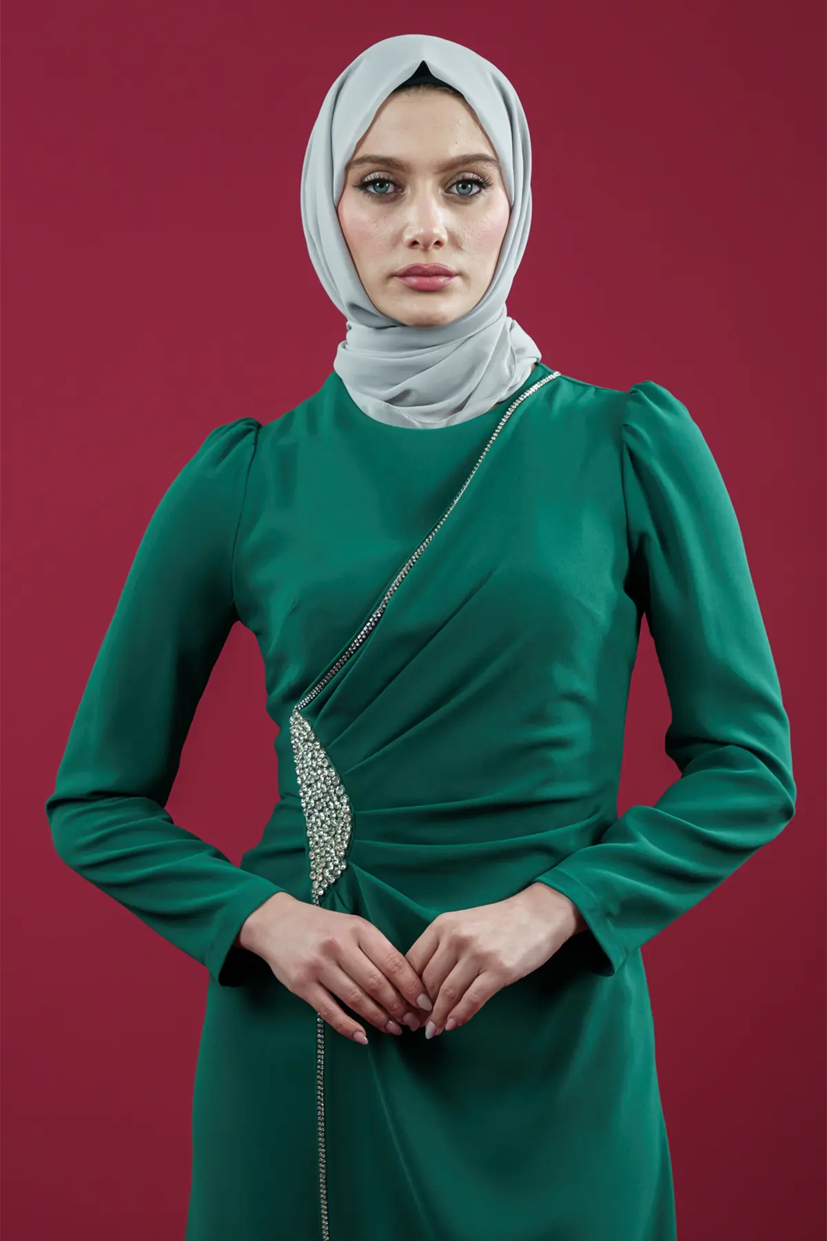 Tesettür Yan Şerit Taş Detaylı Abiye Elbise-detail