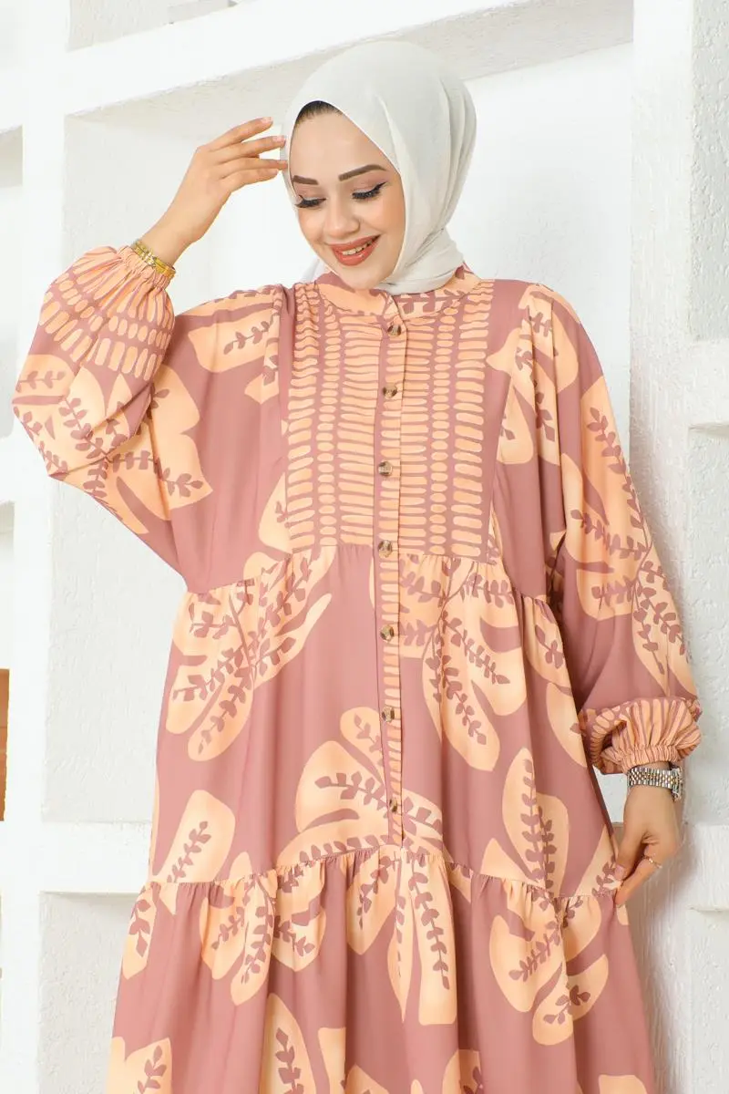 Tropikal Desenli Tesettür Elbise Gül Kurusu-detail