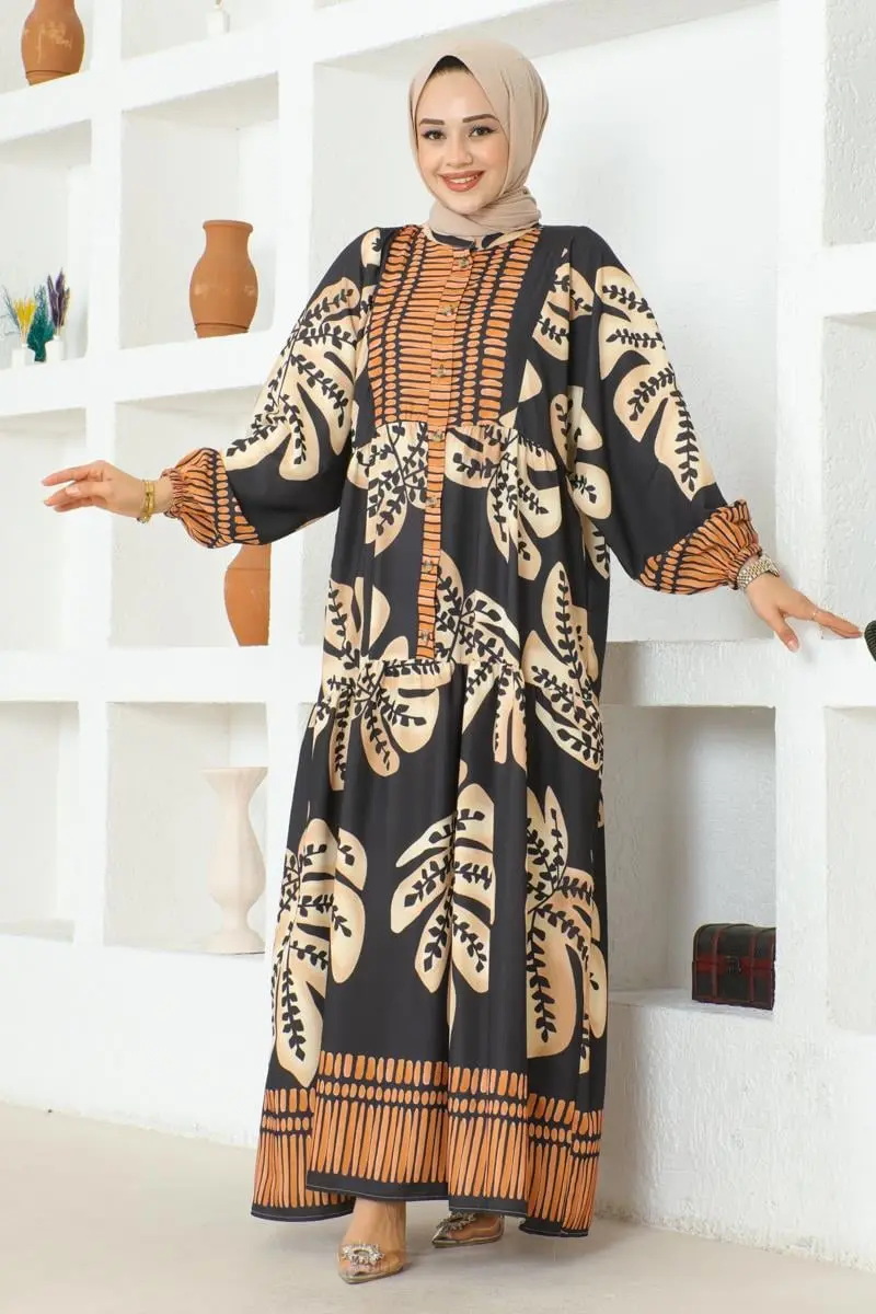 Tropikal Desenli Tesettür Elbise Siyah-detail