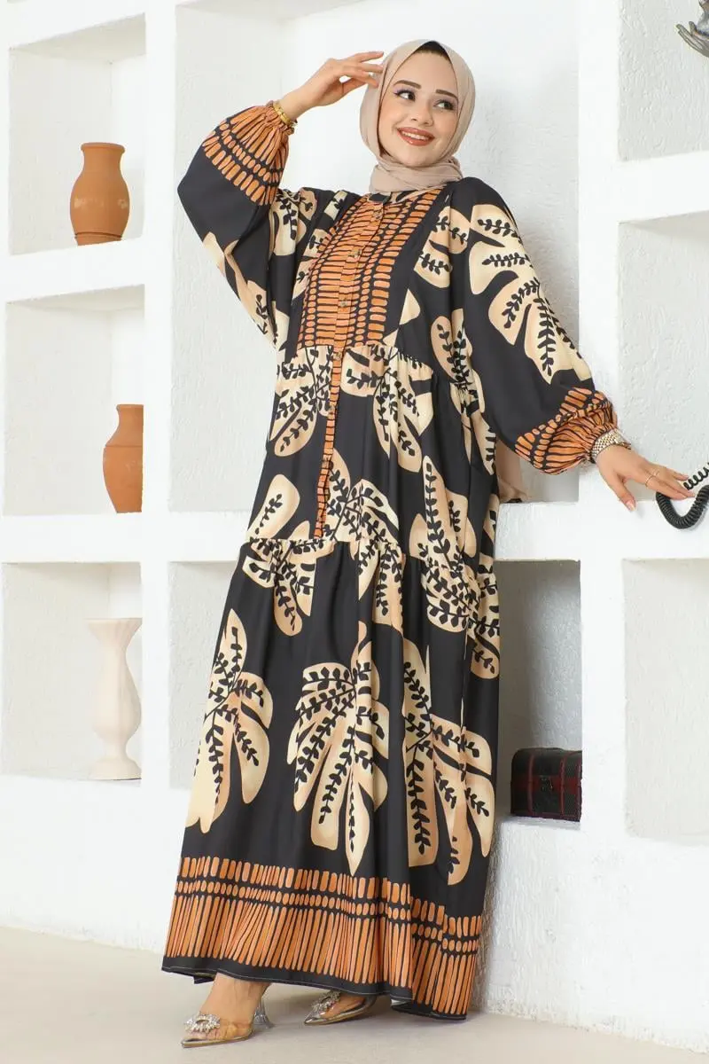Tropikal Desenli Tesettür Elbise Siyah-detail