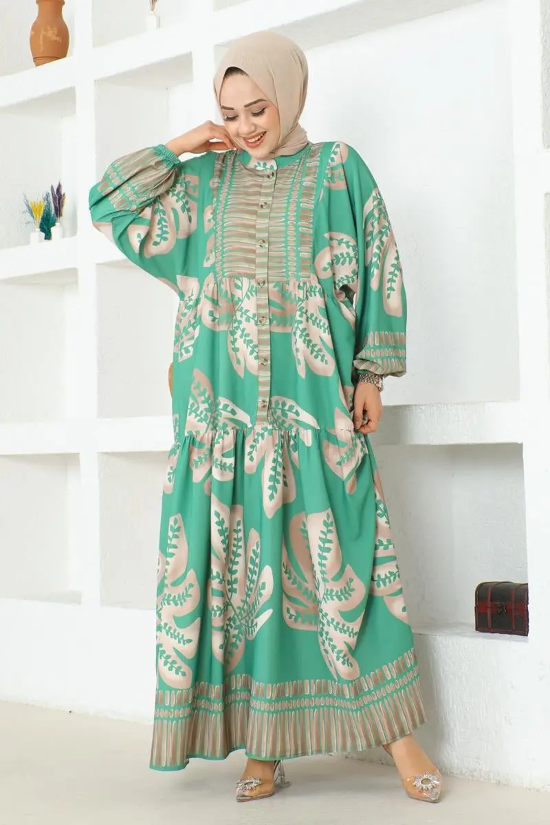 Tropikal Desenli Tesettür Elbise Yeşil-detail
