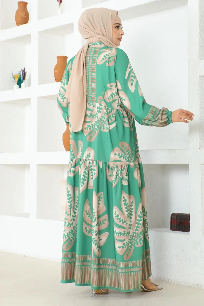 Tropikal Desenli Tesettür Elbise Yeşil-detail