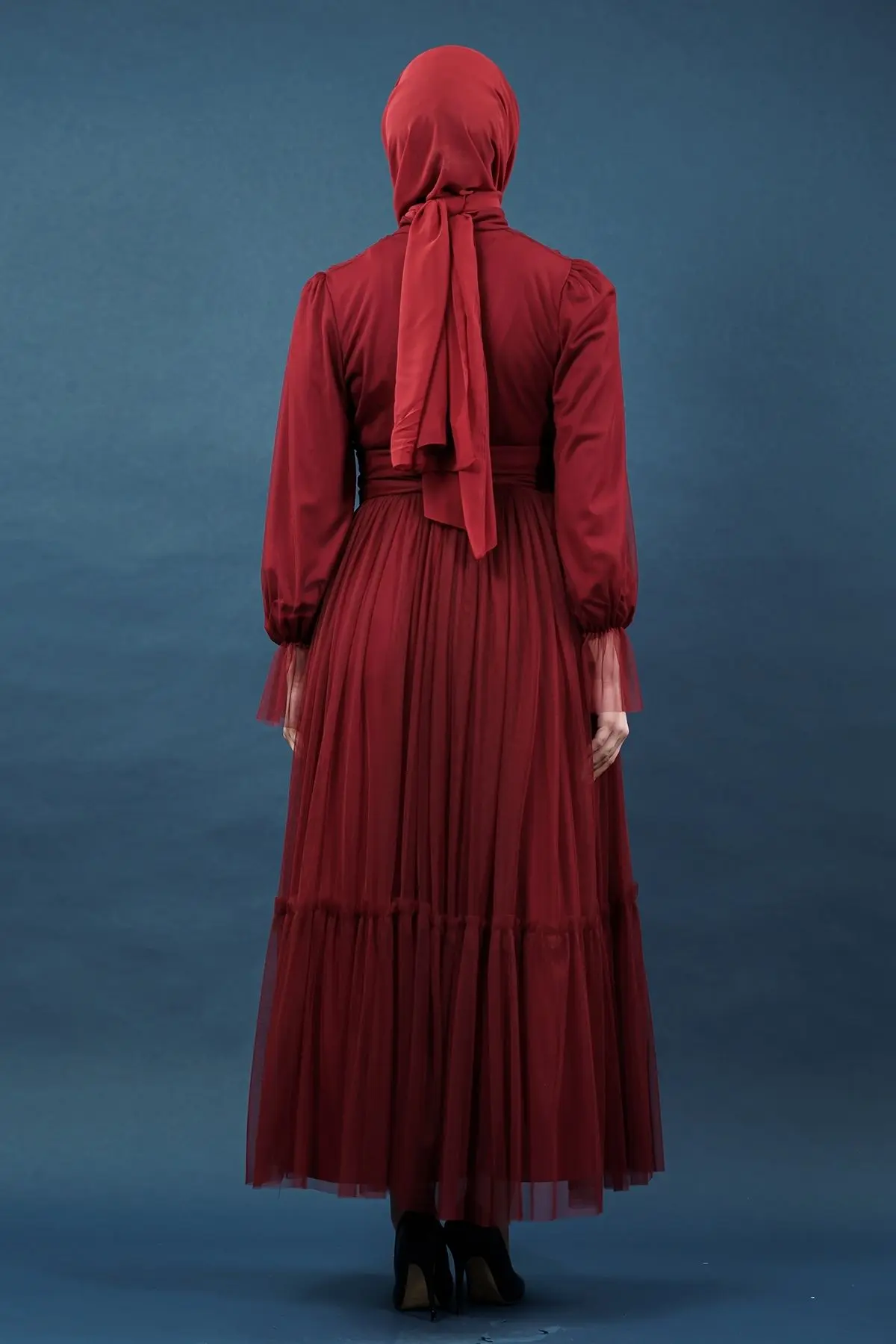 Tül Detaylı Kırmızı Tesettür Elbise-detail