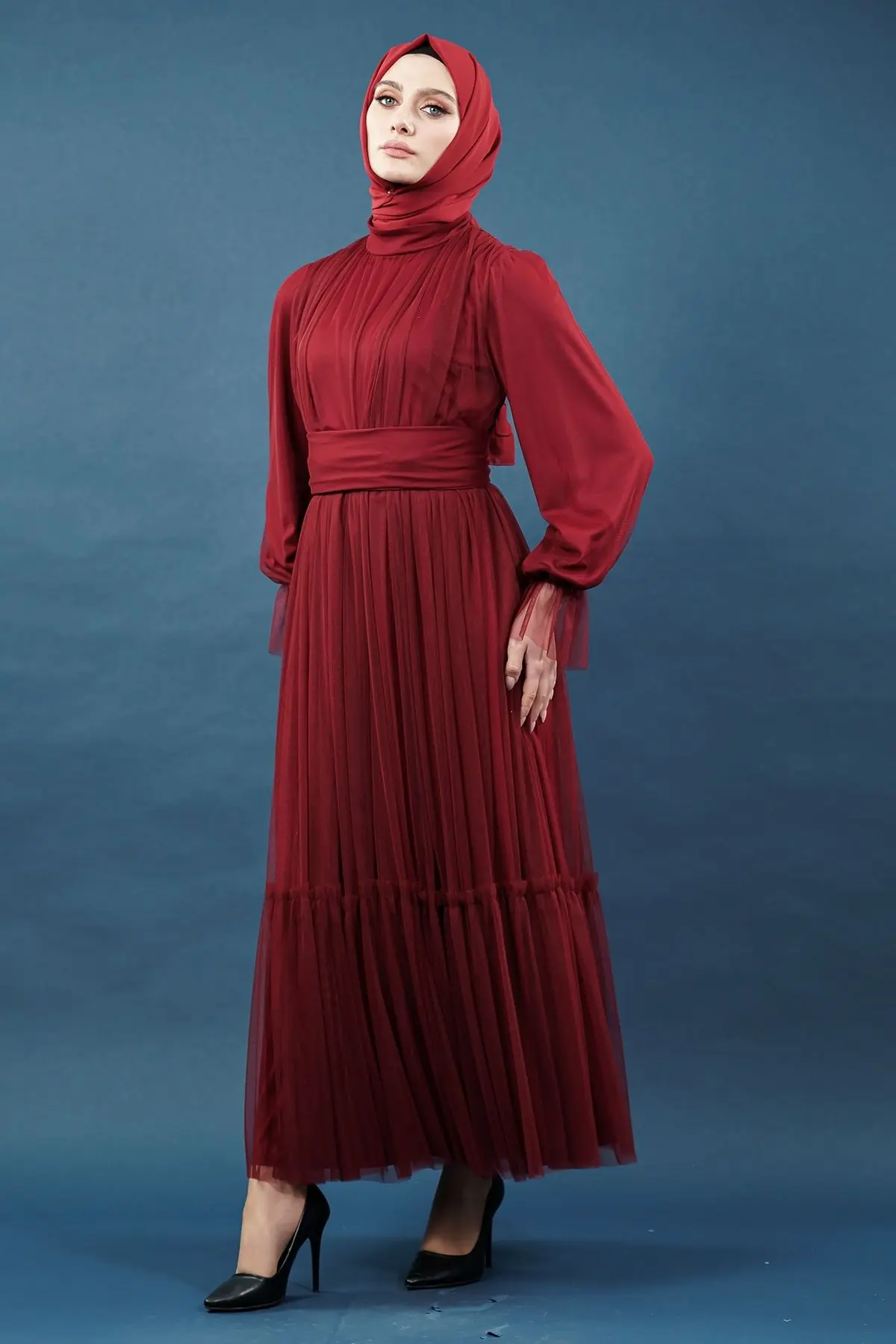 Tül Detaylı Kırmızı Tesettür Elbise-detail