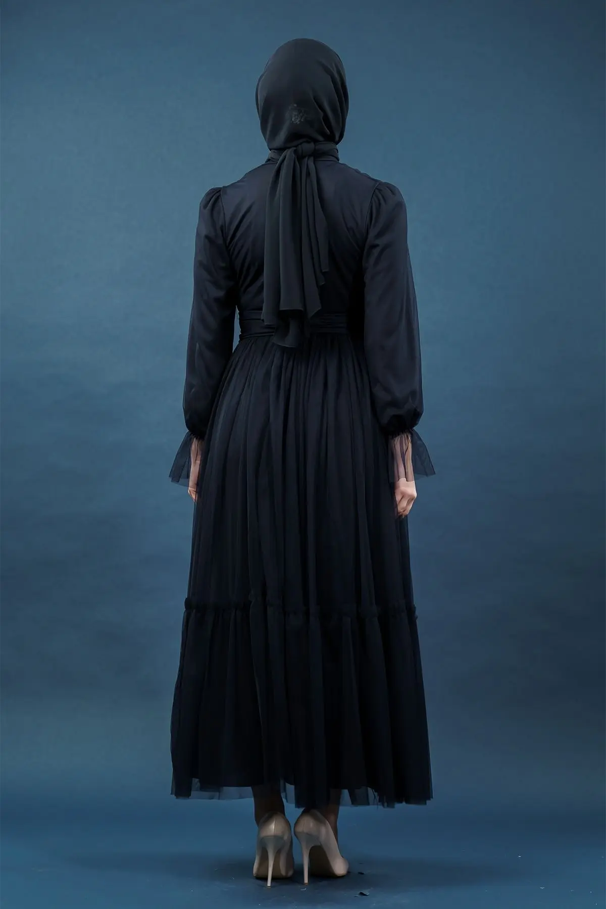 Tül Detaylı Lacivert Tesettür Elbise-detail