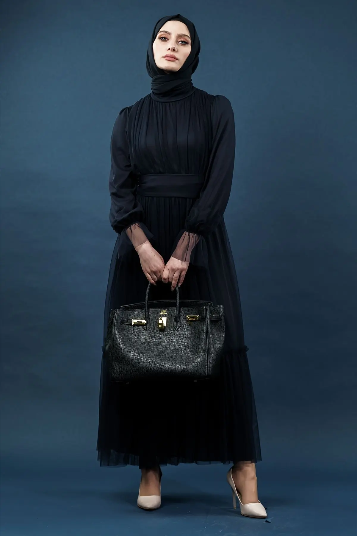 Tül Detaylı Lacivert Tesettür Elbise-detail