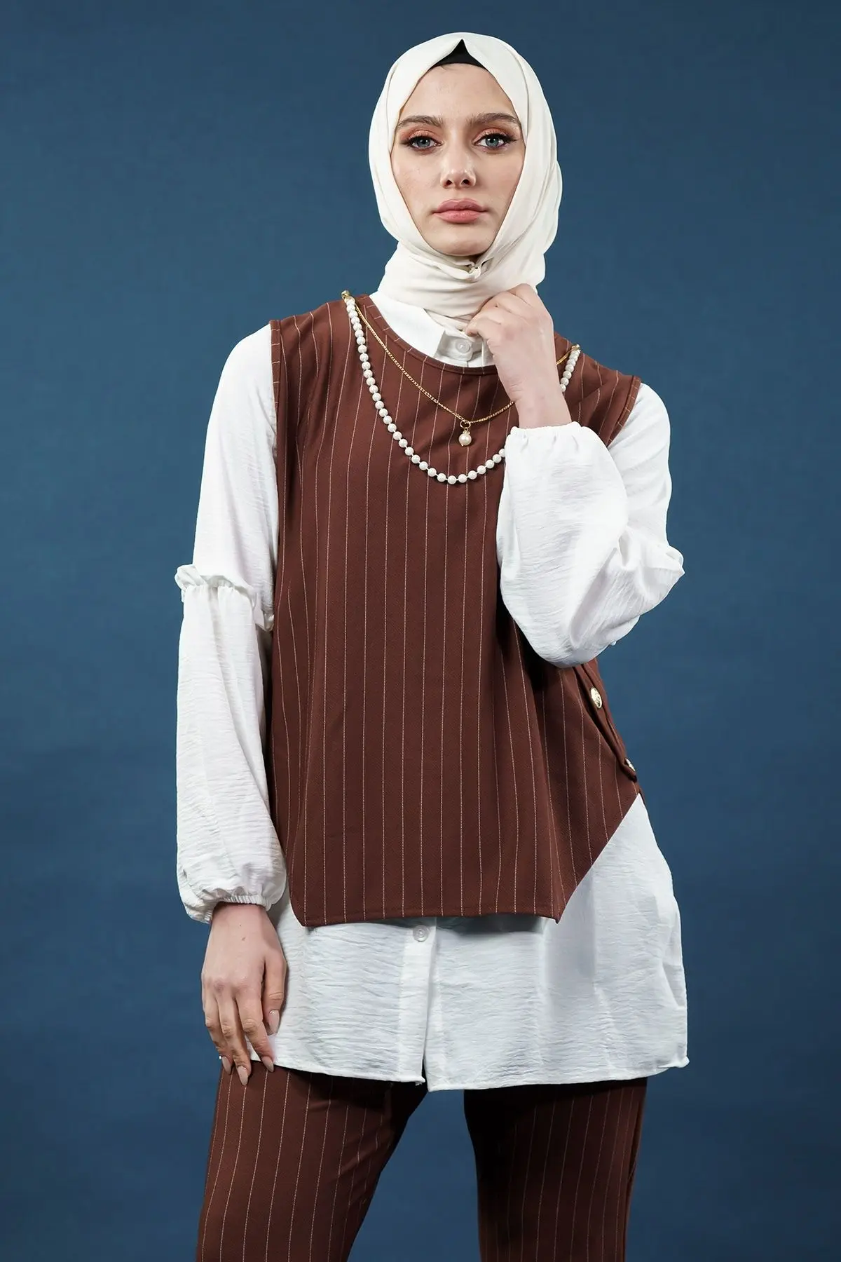 Üçlü Çizgili Takım Kahverengi-detail